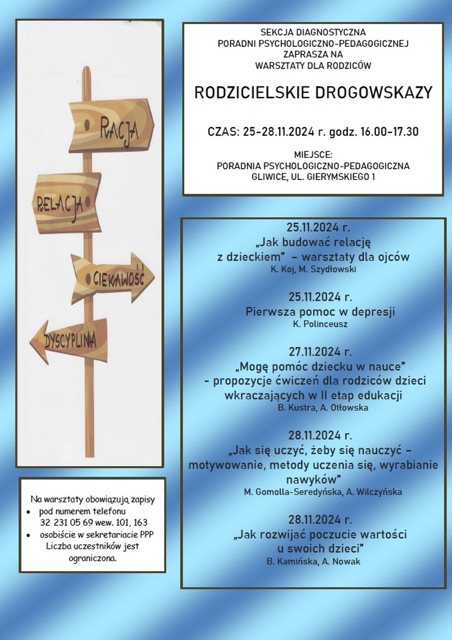 plakat Warsztaty dla rodziców "Rodzicielskie Drogowskazy"