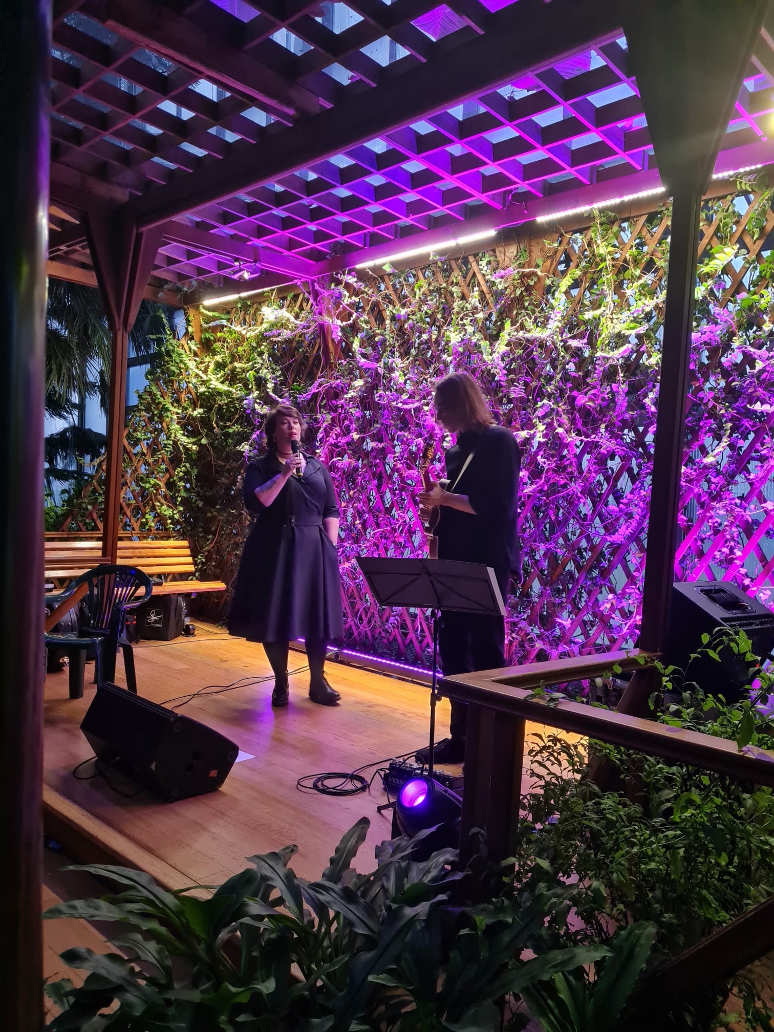 koncert, na scenie oświetlonej na różowo wokalista i muzyk