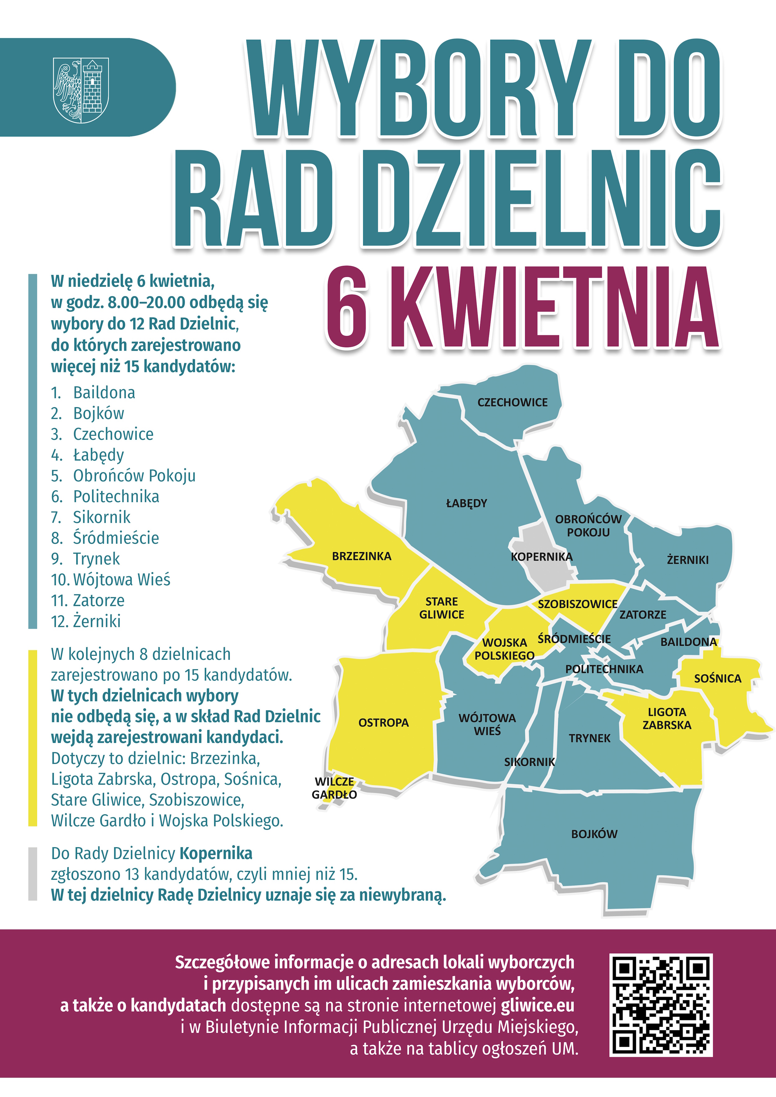 Plakat promujący wybory do rad dzielnic zinformacjami ujętymi w tekście