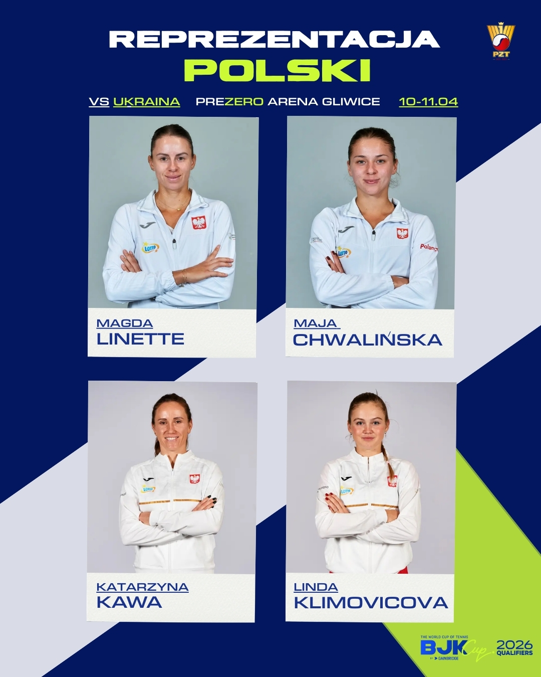 Twarze reprezentantek Polski: Magda Linette, Maja Chwalińska, Katarzyna Kawa i Linda Klimovicova