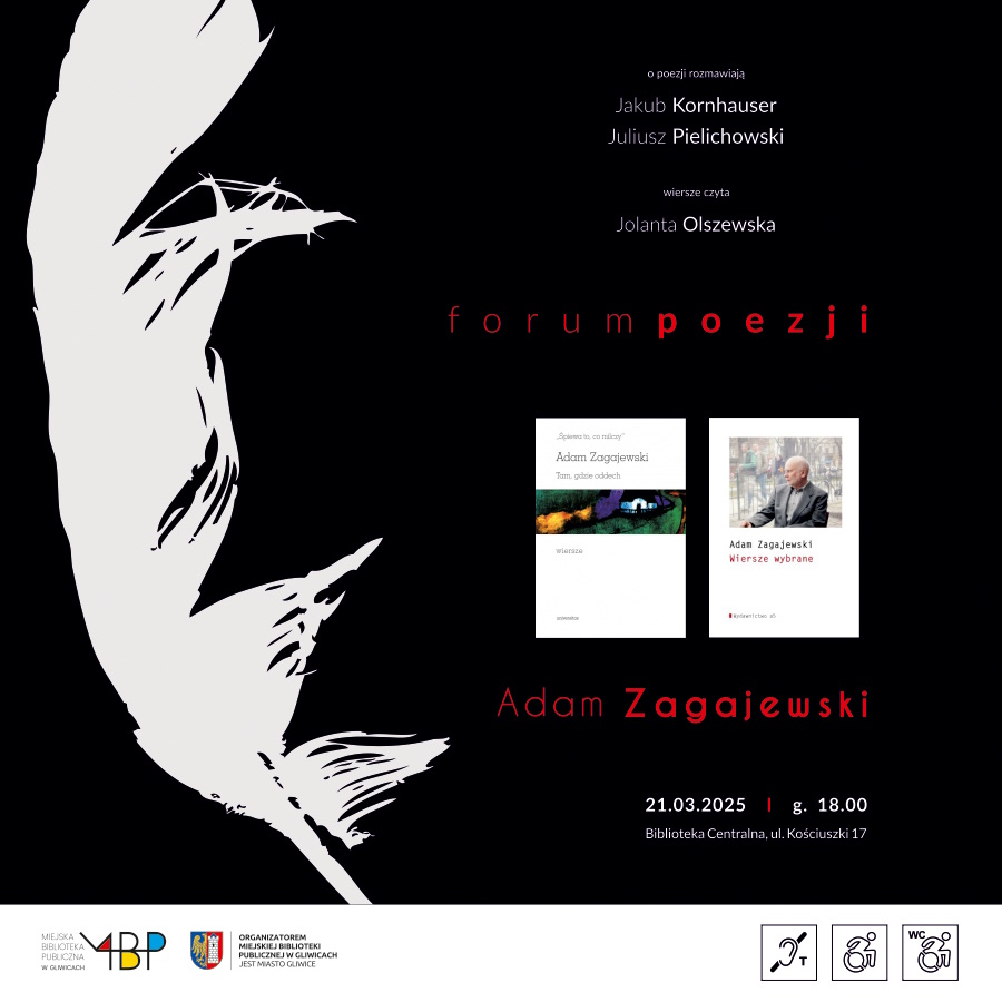 Czarna grafika z napisami, białym piórem i dwoma zdjęciami okładek książek