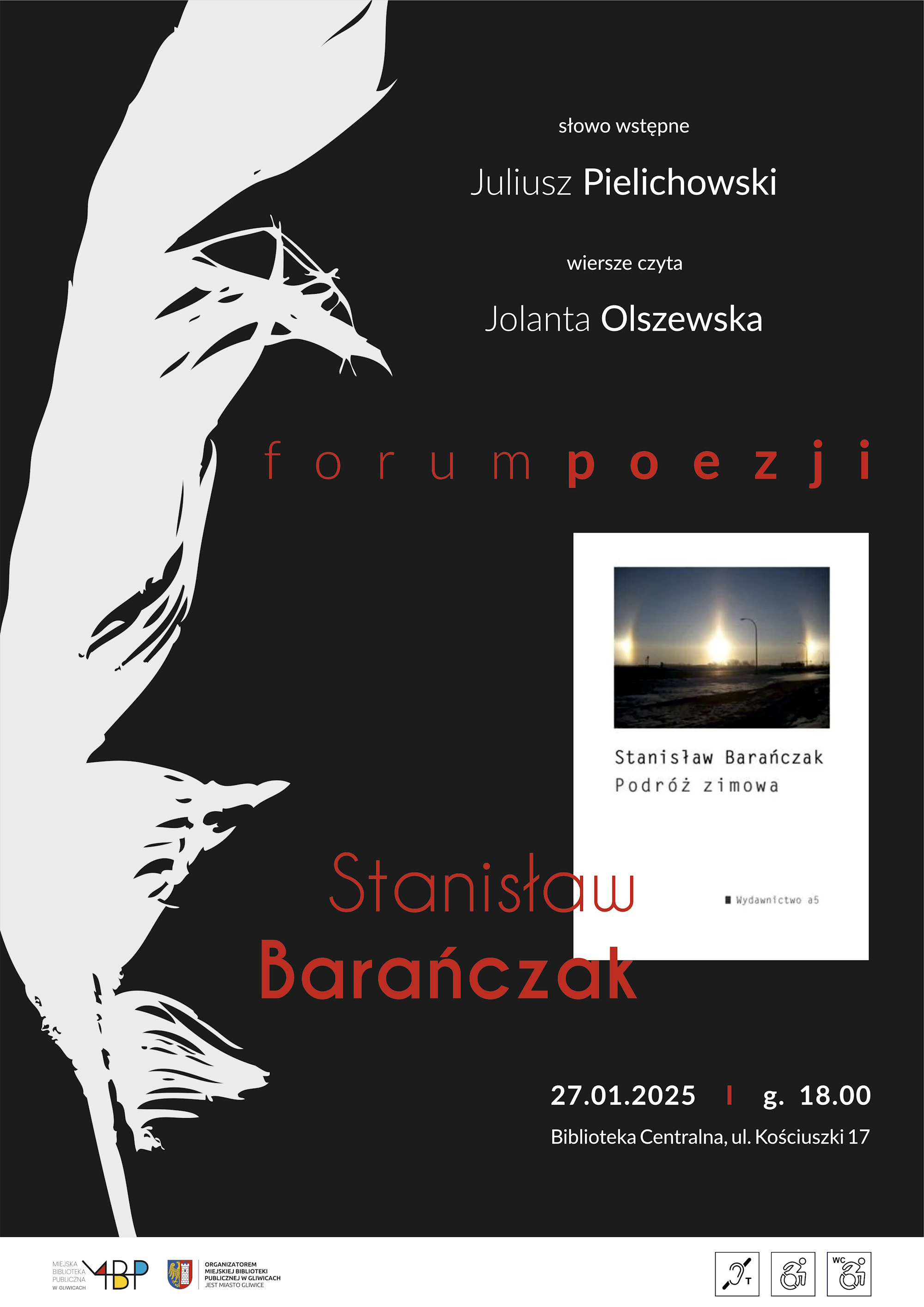 Mat. graf. organizatora Plakat - czarne tło, okładka książki, białe pióro i napisy