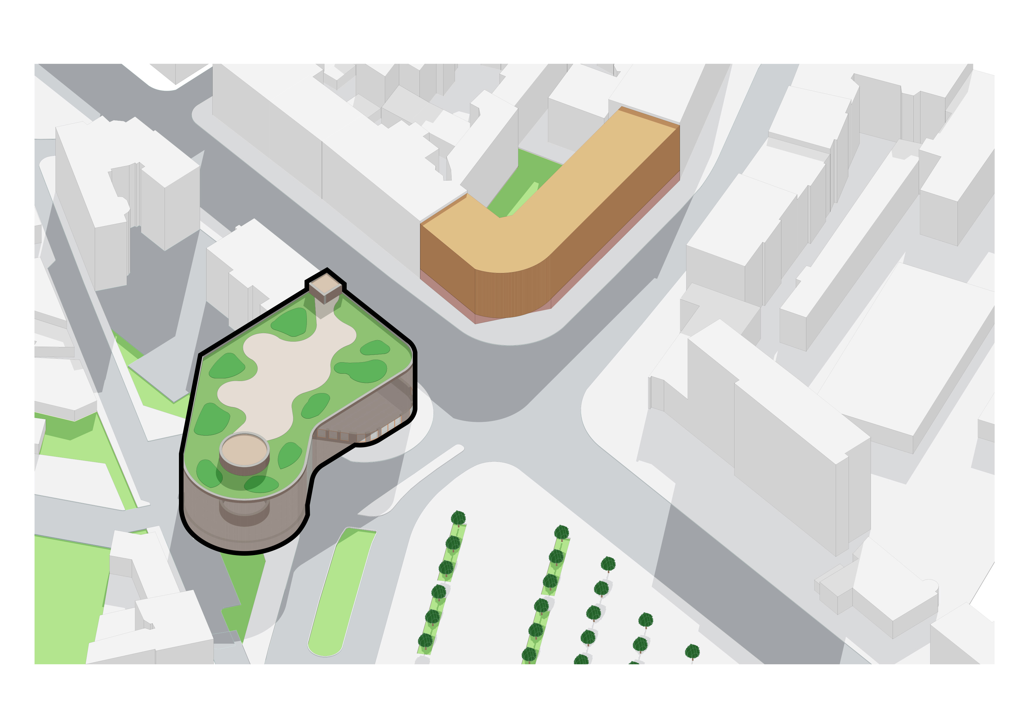 Ilustracja pokazująca parking i narożnik przy ul. Bohaterów Getta Warszawskiego