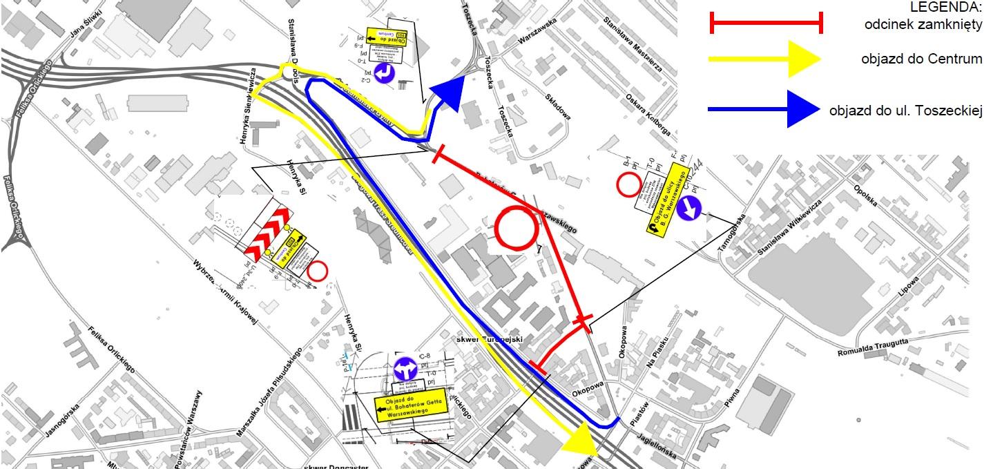 mat. graficzne ZDM w Gliwicach schemta objazdów na czas zamknięcia ul. Bohaterów Getta warszawskiego