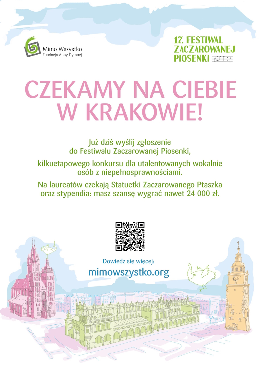 źródło: Fundacja Mimo Wszystko Plakat Czekamy na ciebie w Krakowie. Rysunek przedstawiający krakowski Rynek