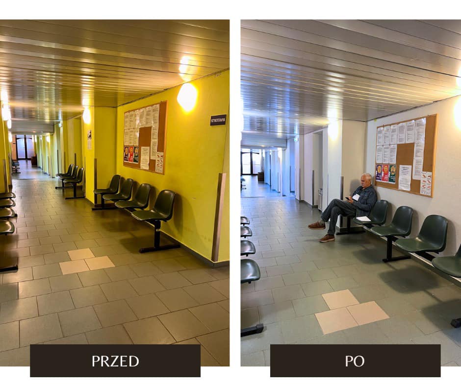 korytarz, krzesło, mężczyzna