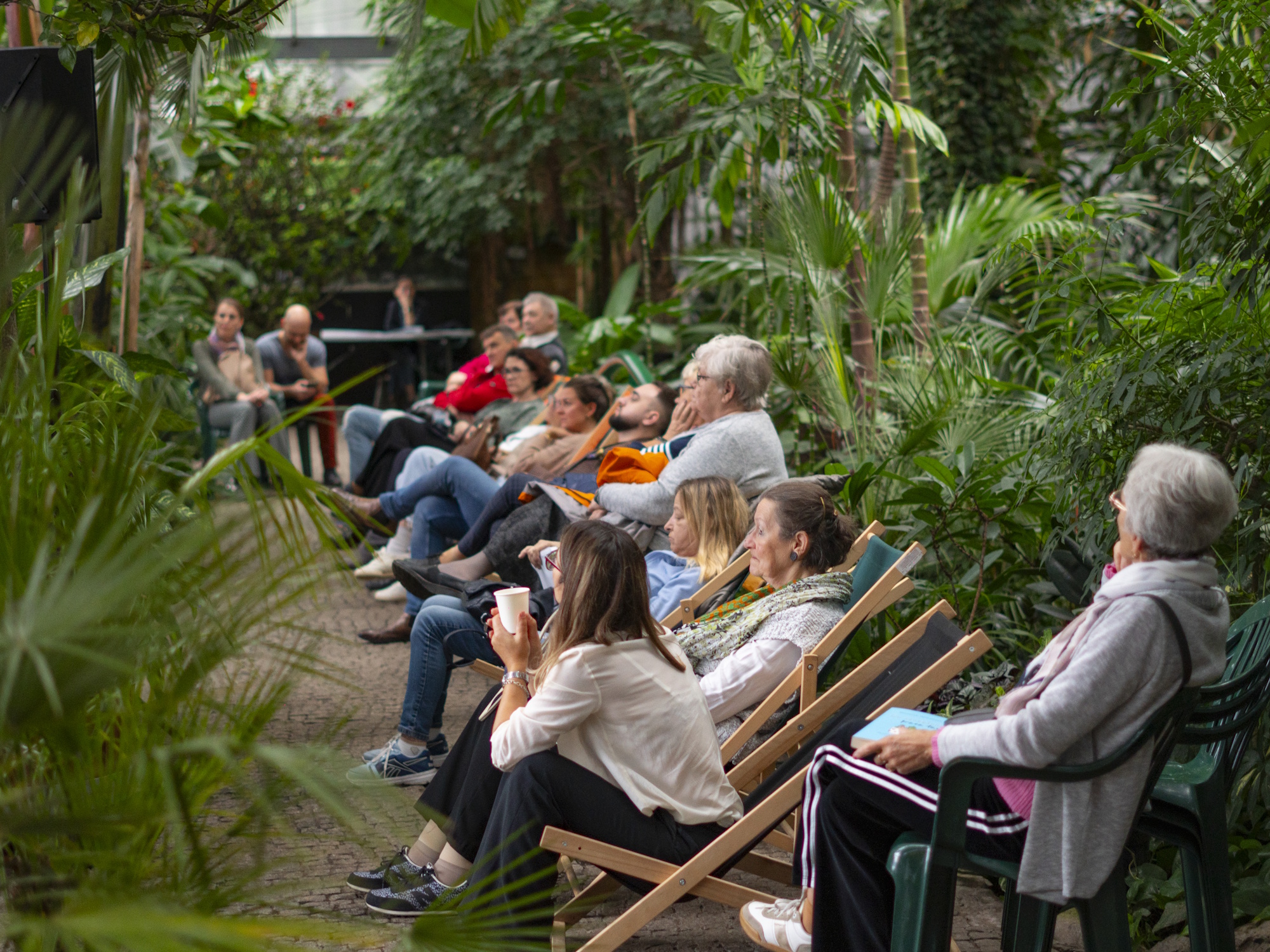 ludzie na krzesełkach w Palmiarni