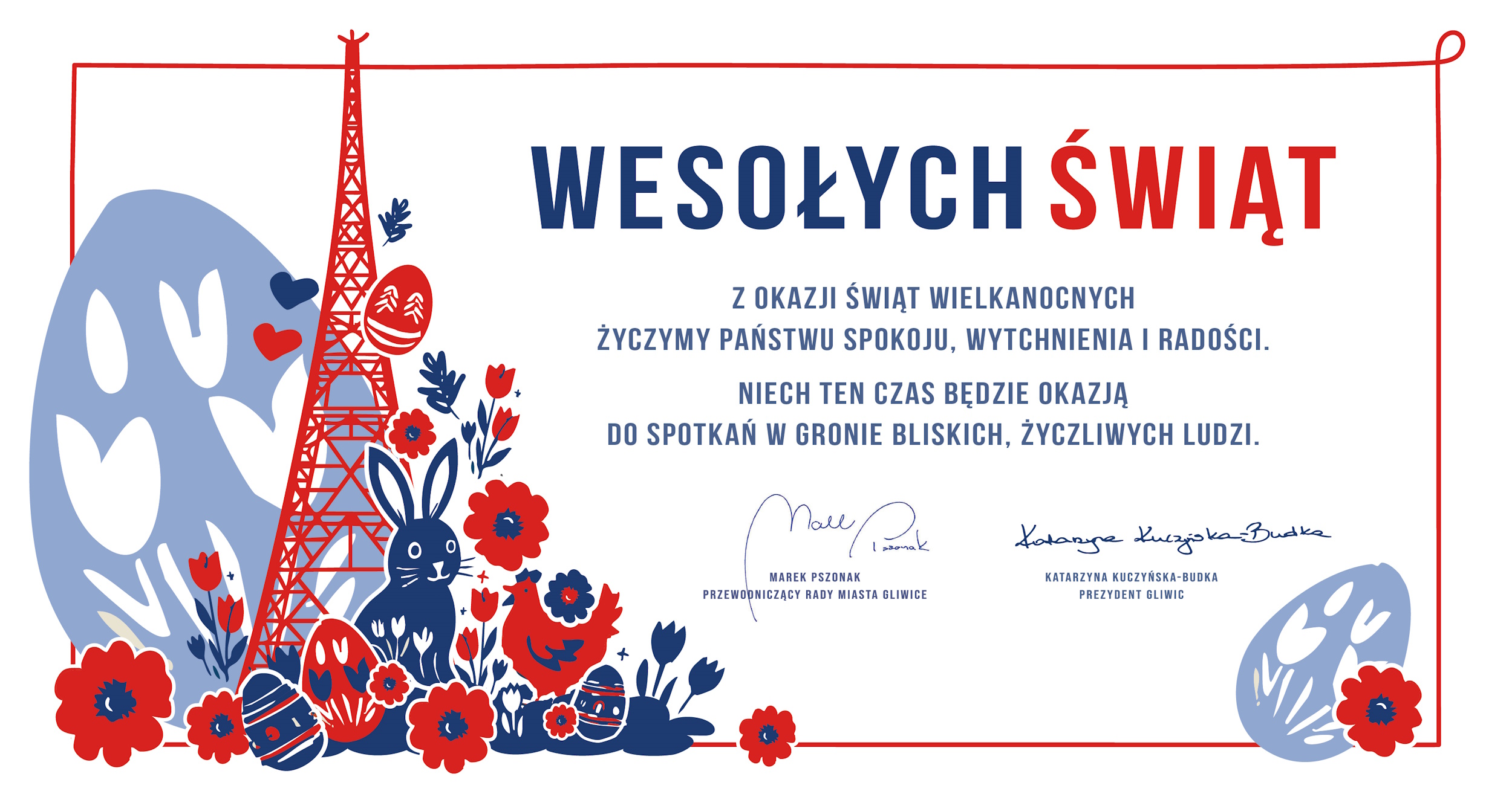kartka z życzeniami prezydent Gliwic i przewodniczącego Rady Miasta. Wesołych Świąt!