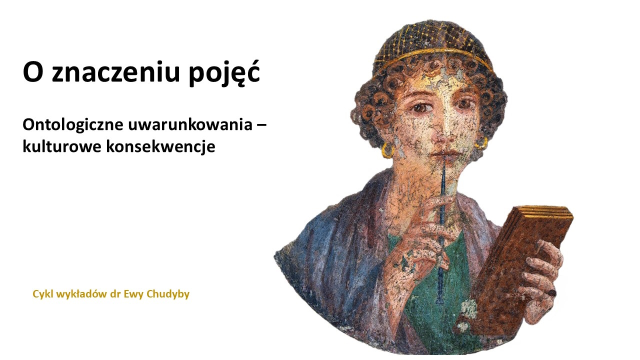 Baner z wizerunkiem starożytnej postaci i napisami informującymi o cyklu wykładów