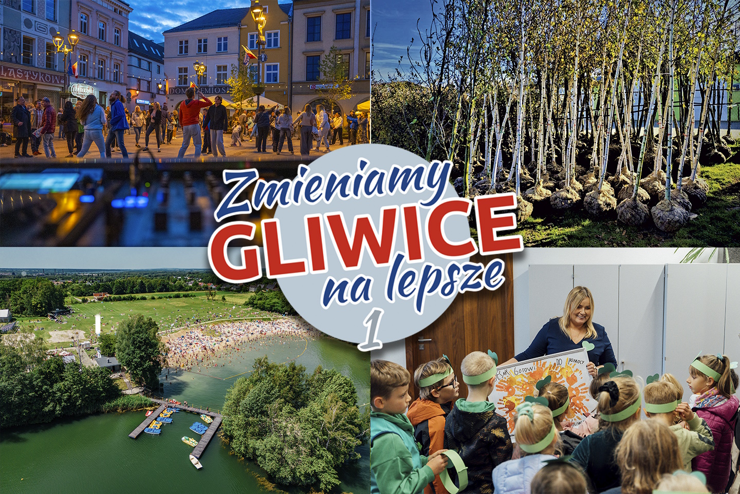 Zdjęcie imprezy na Rynku z mieszkańcami, sadzonek drzew, ośrodka w Czechowicach i prezydent z dziećmi