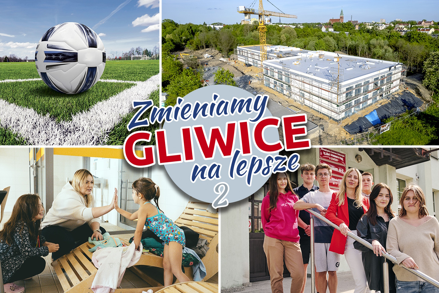 Zdjęcie piłki na boisku, budowanego przedszkola przy ul. Dworskiej, prezydent z młodą pływaczką i pełnomocniczki ds. dzieci i młodzieży z młodymi gliwiczanami
