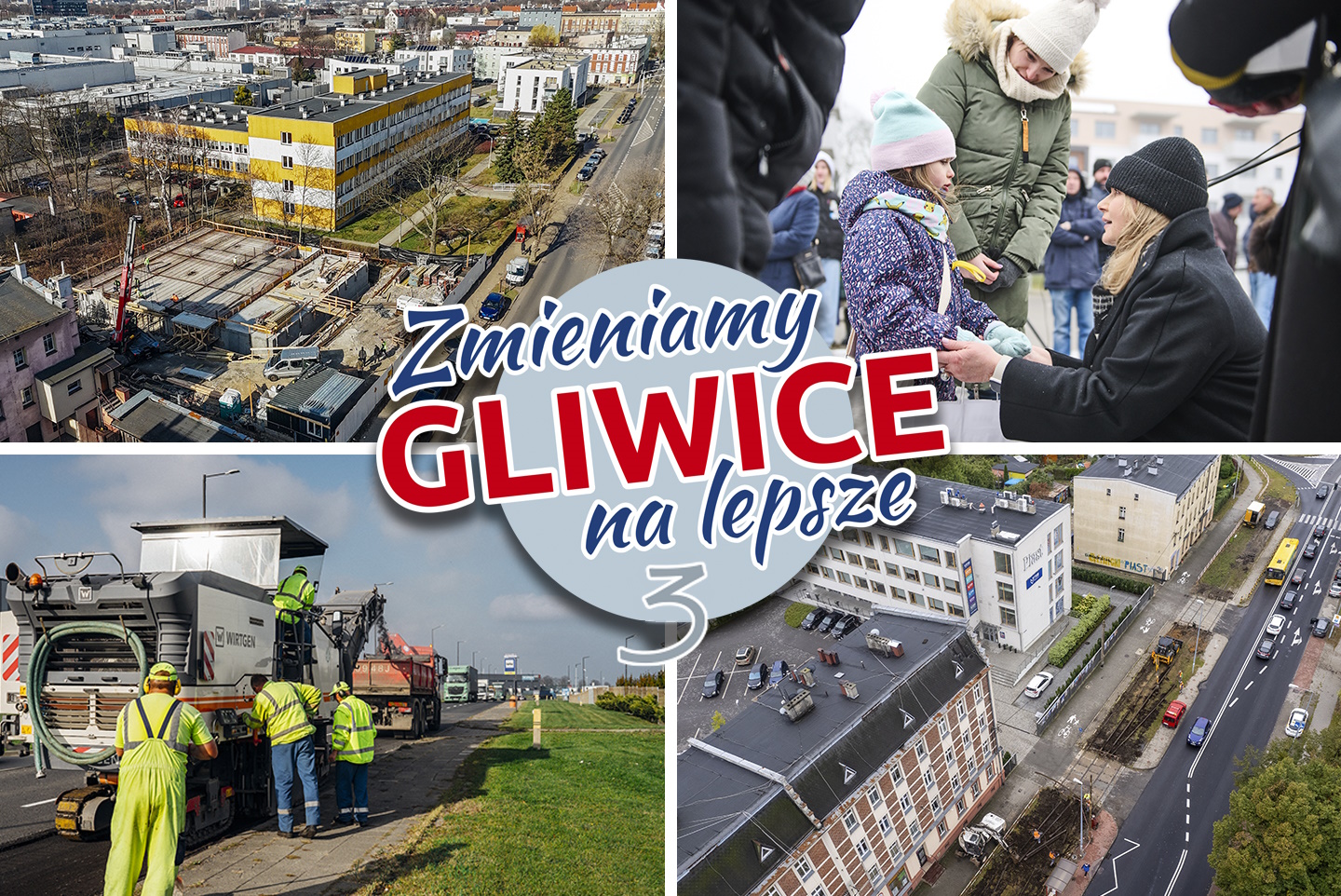 Zdjęcie budowy mieszkań przy ulicy Opolskiej, prezydent witającej się z nowymi lokatorami mieszkań, maszyny budującej drogę, wyremontowanej ulicy Chorzowskiej
