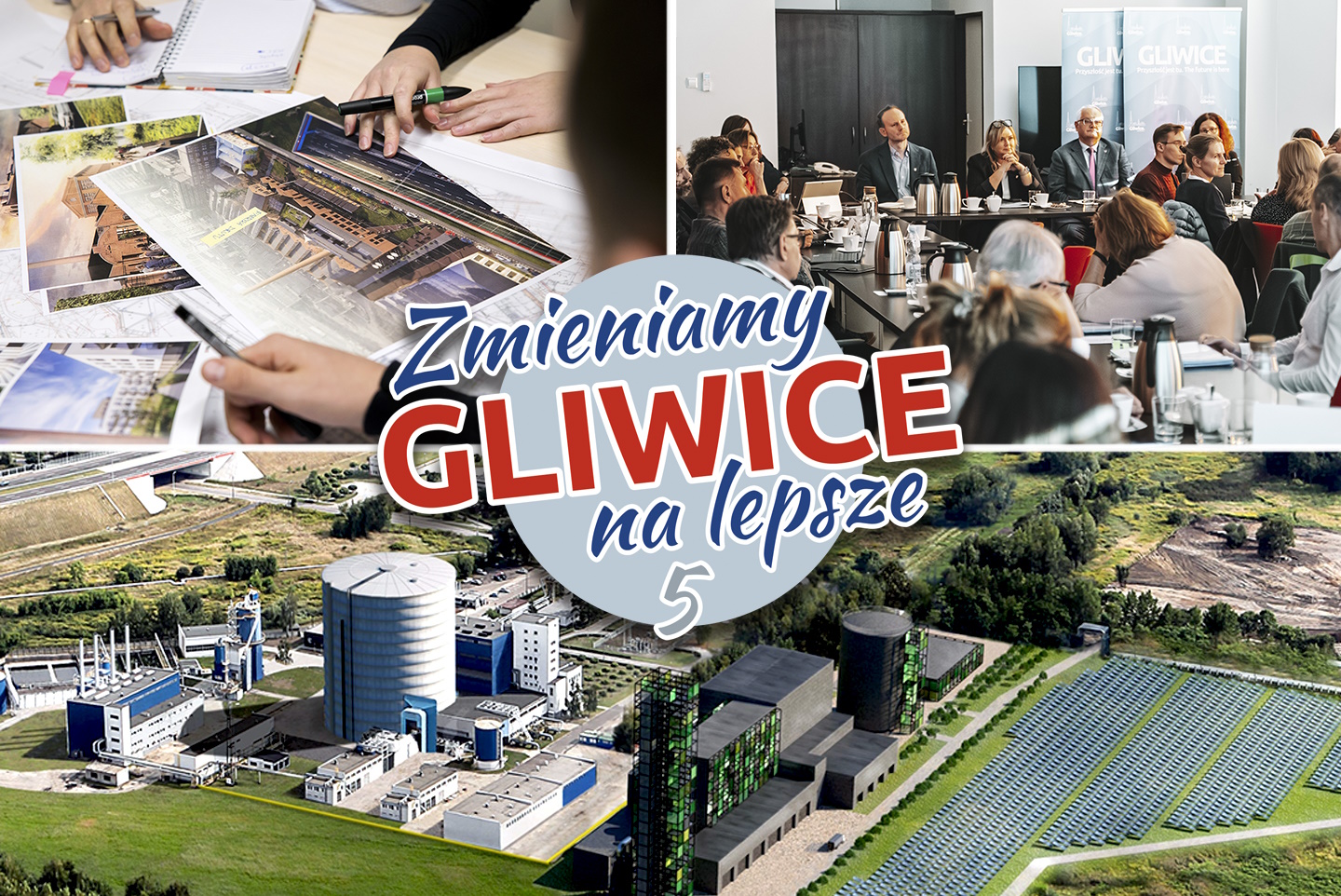 Zdjęcie planów fabryki drutu na stole, spotkania prezydent z przedsiębiorcami, wizualizacja parku zielonej energii