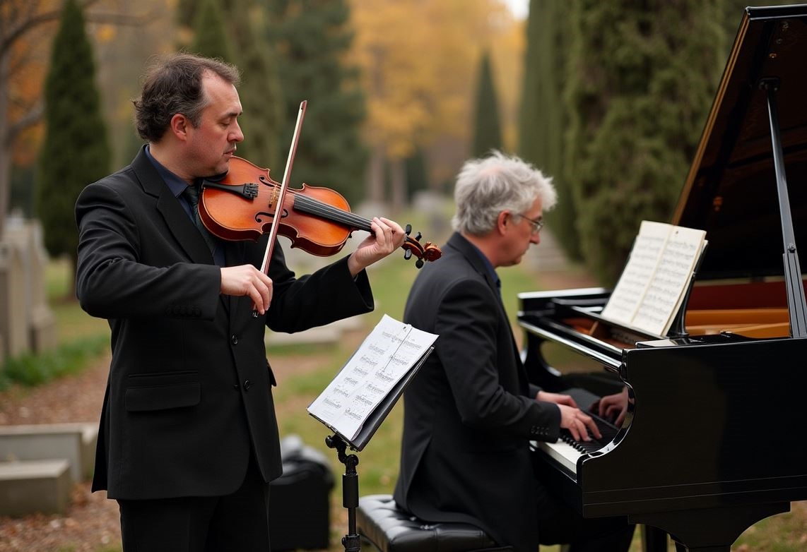 Skrzypek i fortepianista grający na cmentarzu