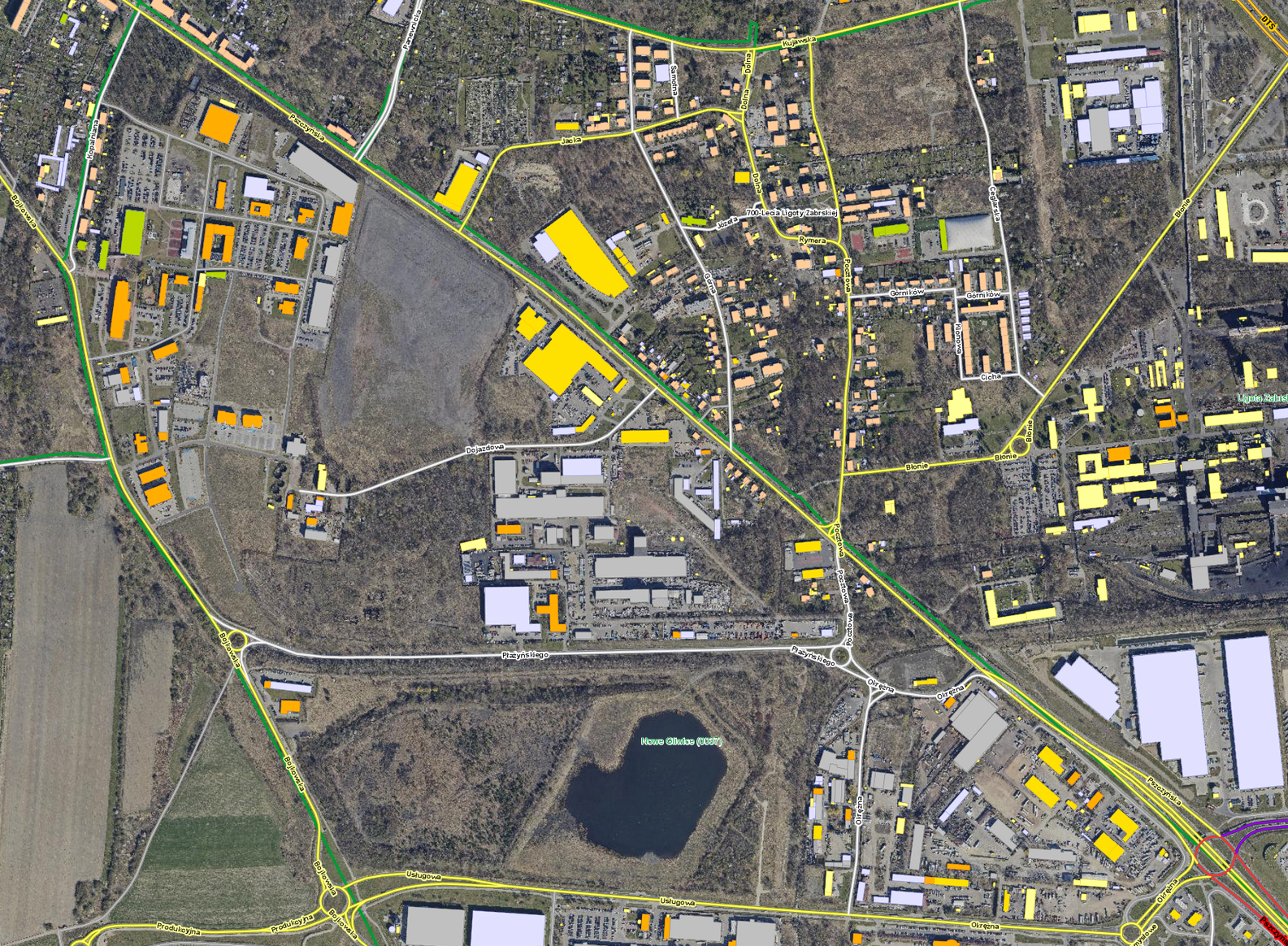 ortofotomapa rejonu ul. Płażyńskiego w Gliwicach