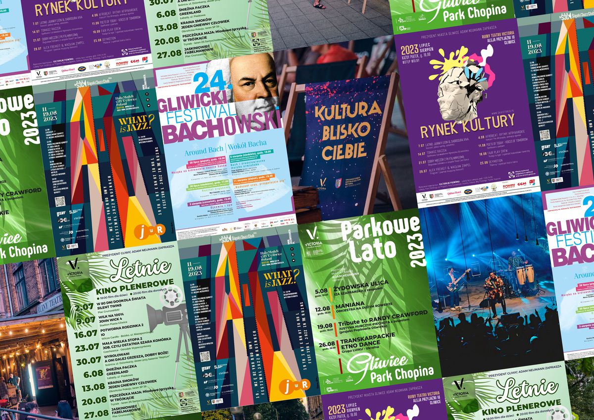 Plakat promujący sierpniowe wydarzenia kulturalne w Gliwicach
