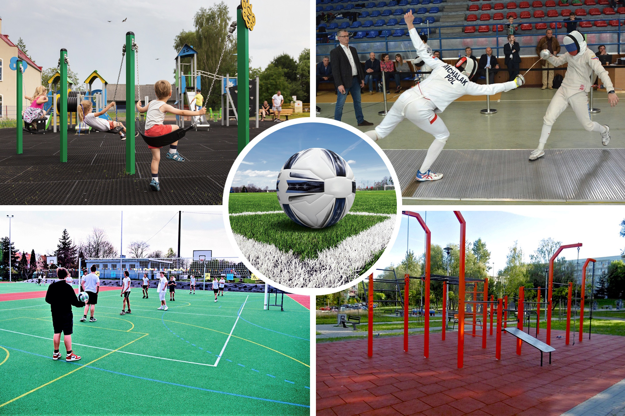 kolaż zdjęć z infrastrukturą sportową i zabawową w Gliwicach